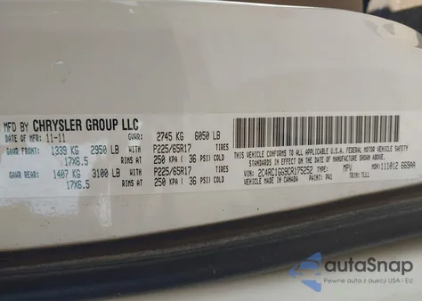 2012 Chrysler Town & Country Limited z USA, uszkodzony, nr VIN 2C4RC1GG9CR175252